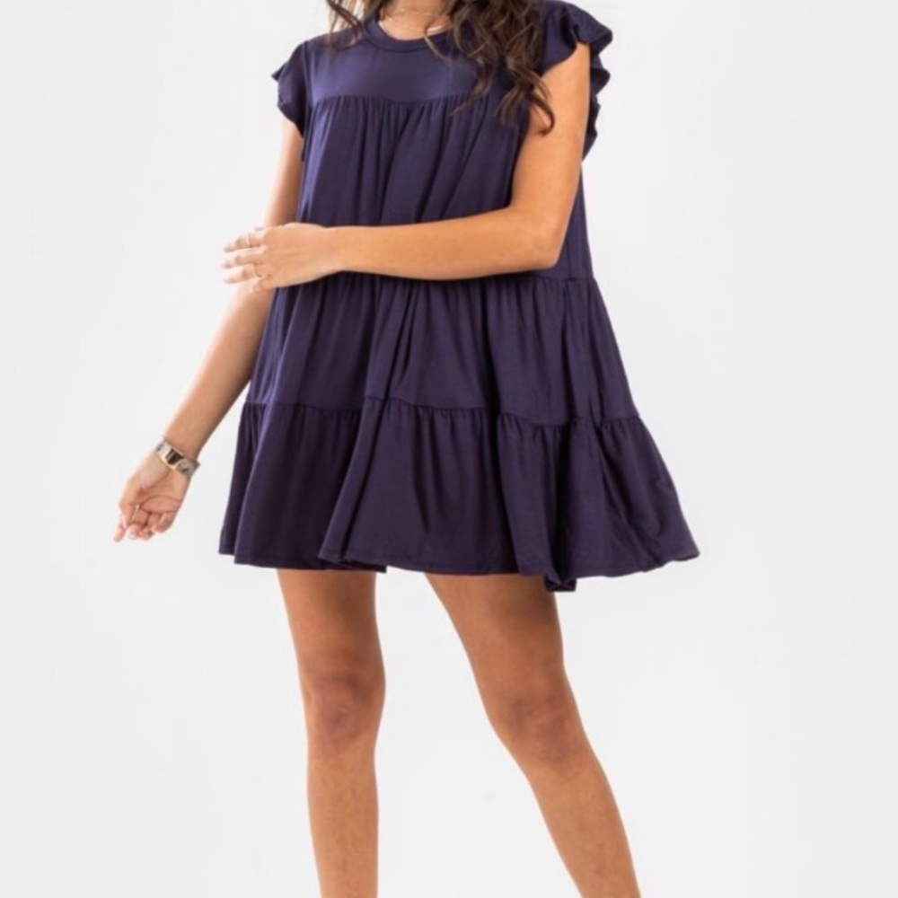 Francesca's Collections Blue Ruffled Sleeve Tiered Mini Sundress